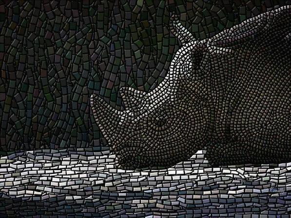 Giclee print, mosaic art "Rhino Ruminations", a white rhino by Kinnally