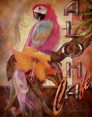 Aloha Cafe by artist Alma Lee. Art prints, posters, animal art; decor art; macaw, parrot, art prints; posters; from an original  painting