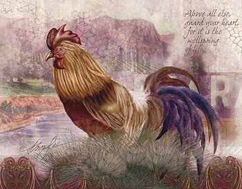 Blue Tail Rooster by artist Alma Lee. Art prints, posters, animal art; rooster art. Roosters, art prints; posters; from an original  painting