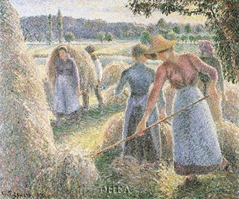 Art print Haymakers, Evening, Eragny by Camille Jacob Pissarro; women stacking hay