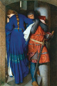 Art print The Meeting on the Turret Stairs by Sir Frederic William Burton; romantic painting of two medieval lovers