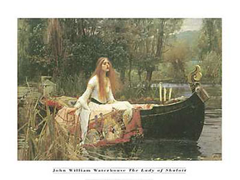 Art print Lady of Shalott by John William Waterhouse; romantic painting of a woman in a boat