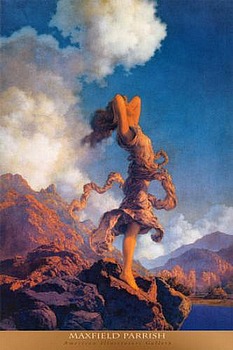 Art print Ecstasy by Maxfield Parrish; a woman standing the edge of a cliff