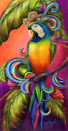 giclee prints, art prints of a blue and gold macaw parrot, Paradise Paisley by Alma Lee