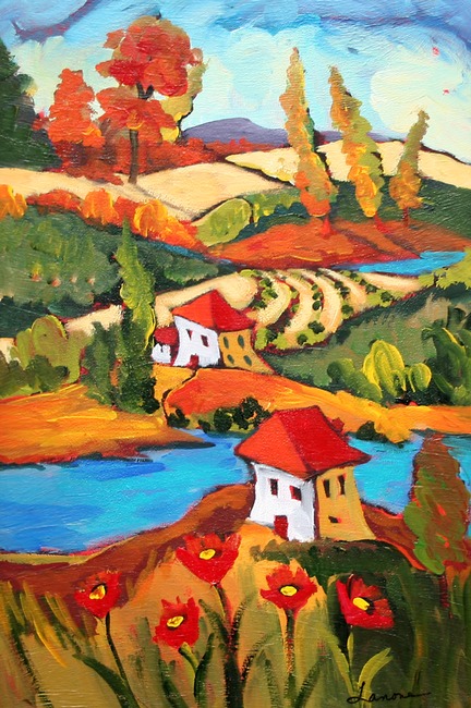 giclee prints, art prints, autumn hues by Elaine Lanoue, a landscape with houses and a river