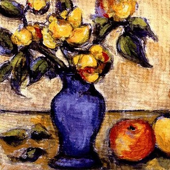 Art prints, posters, Still life �Blue Vase Of Yellow Peonies� by Nicole Etienne